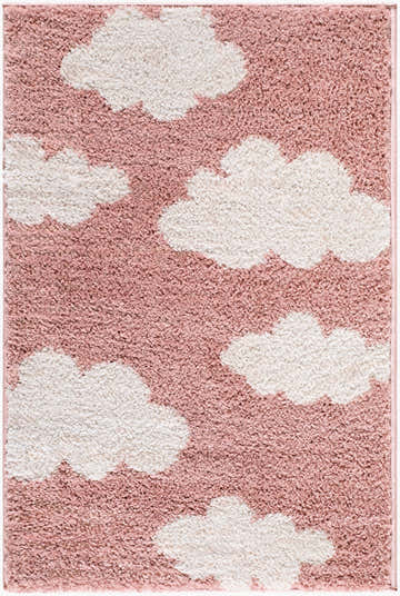 Close-up of the Dawo Pink Abstract rug. Machine woven polyester with ivory cloud pattern on a pink background. Design-Rectangle-221