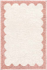 Close-up of Vopee Ivory Border rug. Machine woven polyester rug with ivory center and pink scalloped border. Design-Rectangle-2211