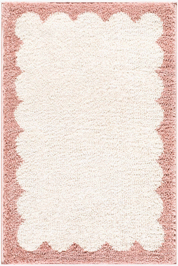Close-up of Vopee Ivory Border rug. Machine woven polyester rug with ivory center and pink scalloped border. Design-Rectangle-2211