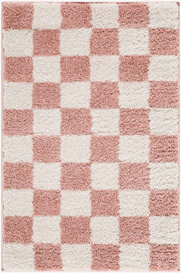 Close-up of the Yehoa Pink Color Block rug, a machine-woven polyester rug with a checkerboard pattern in ivory and pink. Design-Rectangle-2211
