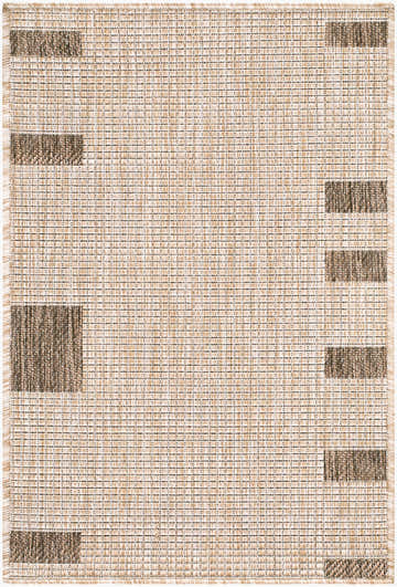 Close-up of the Fpadde Tan Abstract Outdoor Rug. Polypropylene rug with dark brown and tan woven pattern and fringed edges. Design-Rectangle-221