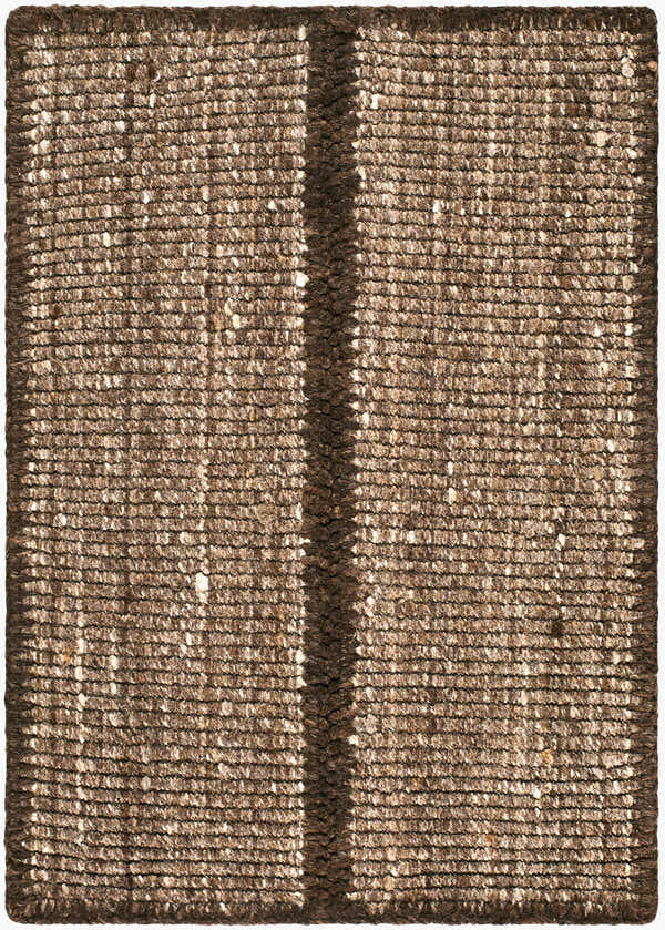 Close-up of Bronson Handmade Galey Alix x LIVABLISS rug. Chestnut, sandstone, and taupe hand-woven wool texture with stripe. Design-Rectangle