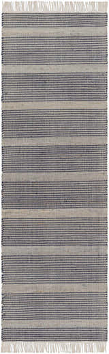 Close-up of the hand-woven Gambalidio Area Rug. Navy and off-white horizontal stripes with jute texture and fringed edges. Design-Runner-268