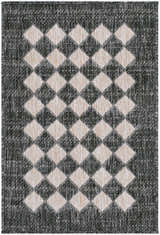 Close-up of the Yfpre Black Diamond rug. Black, light gray, and tan diamonds pattern a machine woven polypropylene rug. Design-Rectangle-221