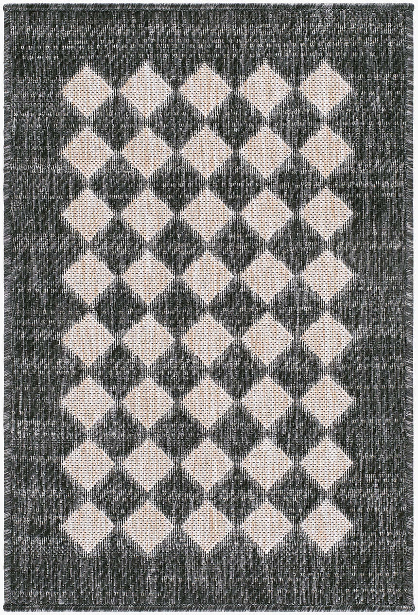 Close-up of the Yfpre Black Diamond rug. Black, light gray, and tan diamonds pattern a machine woven polypropylene rug. Design-Rectangle-221