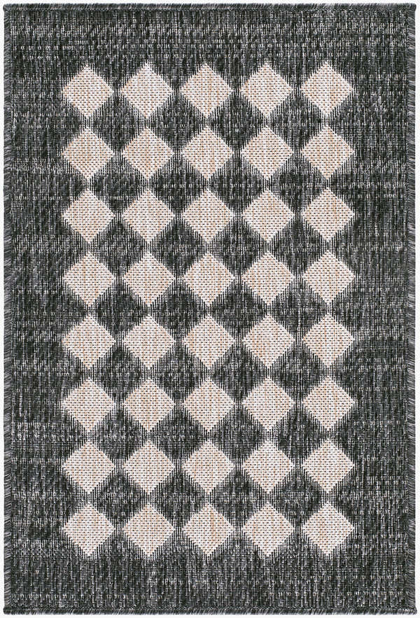 Close-up of a Mulberry Outdoor Machine Woven Galey Alix x LIVABLISS GAMU-2300 Area Rug with a black and tan diamond pattern. Design-Rectangle-527