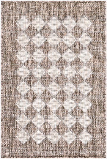 Close-up of the Redali Tan Diamond Outdoor Rug. Polypropylene rug with a textured dark brown and light gray diamond pattern. Design-Rectangle-221