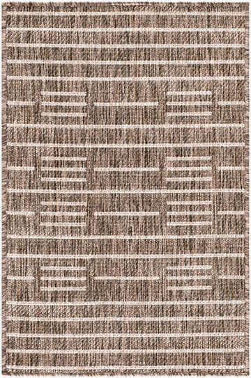 Close-up of Rye Outdoor Machine Woven Galey Alix x LIVABLISS GARY-2301 Area Rug. Dark brown with light gray and tan stripes. Design-Rectangle-221