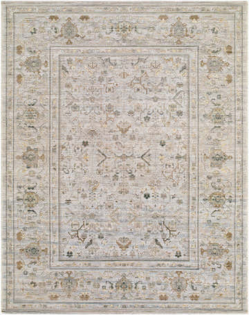 Close-up of the Kagami Area Rug, a traditional wool rug in charcoal, ivory, sage, sandstone, and taupe. Design-Rectangle-537