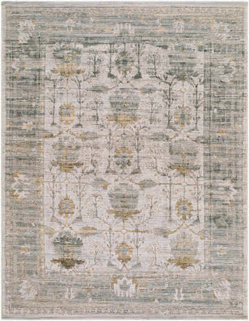 Close-up of the Jaddua Area Rug. Machine-woven wool rug in charcoal, gold, ivory, sage, and taupe with traditional pattern. Design-Rectangle-537