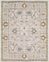 Close-up of the Jeneva Area Rug, a machine-woven rug with a traditional pattern in charcoal, ivory, sage, and sandstone. Design-Rectangle-537