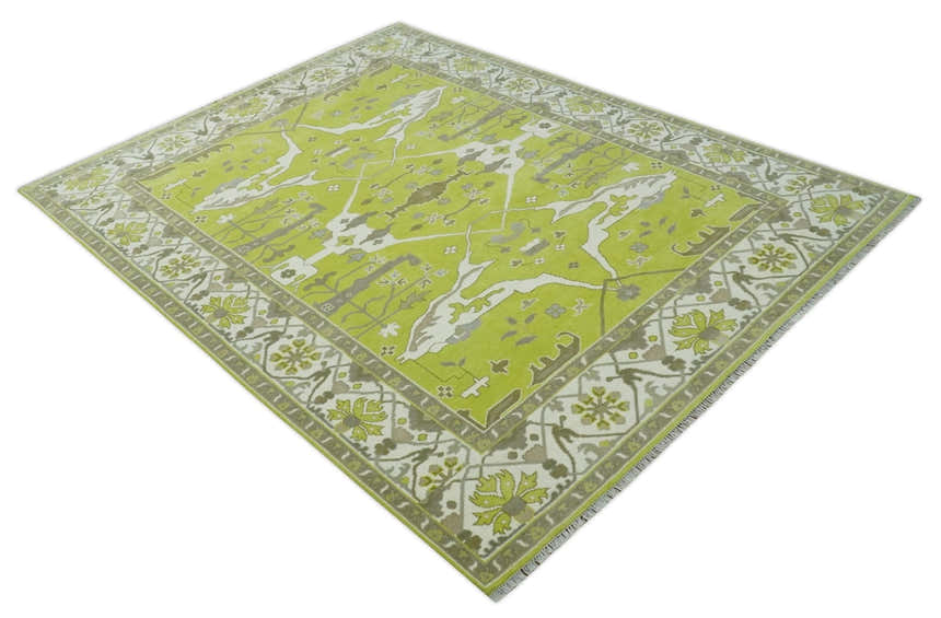 Green and Ivory Hand knotted Oriental Oushak Multi Size wool Area Rug