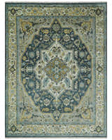 Ivory, Teal, silver and Olive Hand Knotted Traditional Heriz Medallion Multi size wool Area Rug