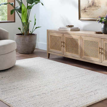 Living room with a beige Sezja Luxe Area Rug, light wood cabinet, tan chair, and potted plant. Roomscene-Rectangle