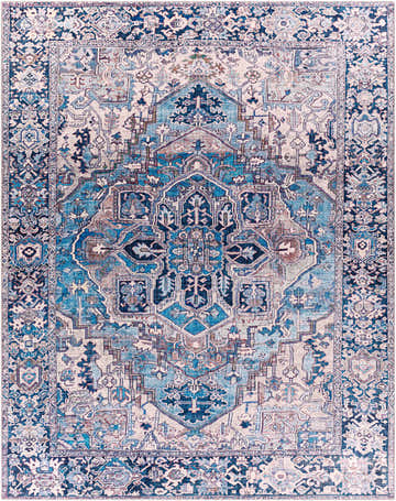 Detailed Oriental rug, Neyland Iris Blue Area Rug 2362, with cream, blue, and beige tones. Machine-woven polyester rug. Design-Rectangle-7696