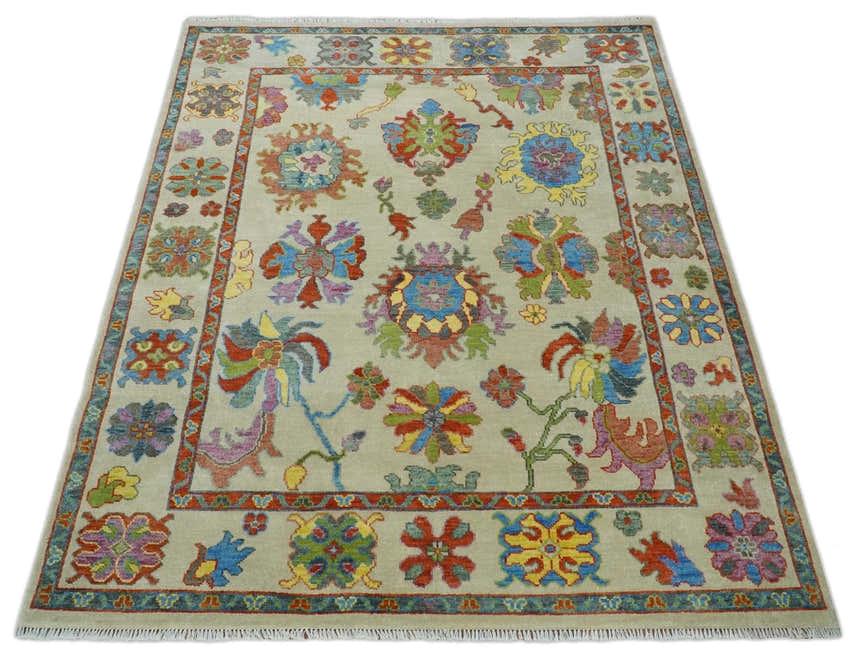 Custom Made Hand Knotted Beige with multicolor Traditional Oushak Wool area Rug