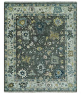 Custom Made Hand Knotted Charcoal and Ivory Traditional Oushak Wool Area Rug