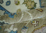 Custom Made Hand Knotted Ivory, Camel and Teal Modern Heriz Serapi Wool Rug