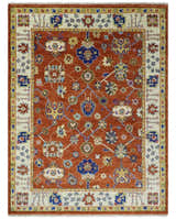Rust, Ivory and Blue Hand Knotted Oriental Oushak Custom Made wool Area Rug