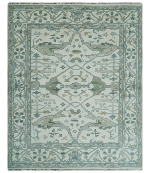 Custom Made Hand Knotted Oriental Oushak Ivory and Teal Wool Area Rug