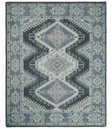 Custom Made Ivory, Charcoal, Silver and Blue Traditional Hand knotted wool Area Rug