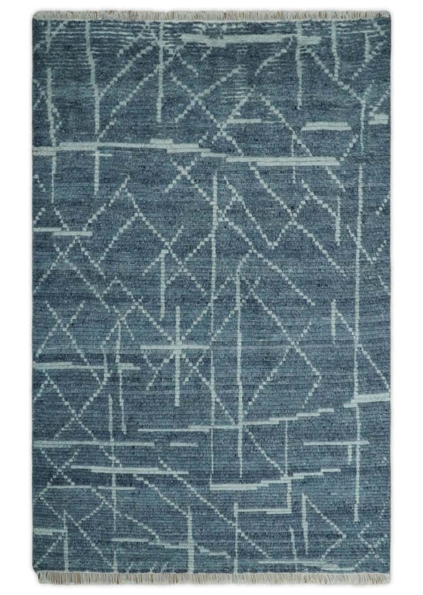 Hand Knotted Blue and Silver Trellis Moroccan Rug Made with Blended Wool Multi size Rug