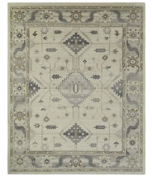 Custom Made Hand Knotted Ivory and Charcoal Traditional Tribal Natural Wool Area Rug, Kids, Living Room and Bedroom Rug