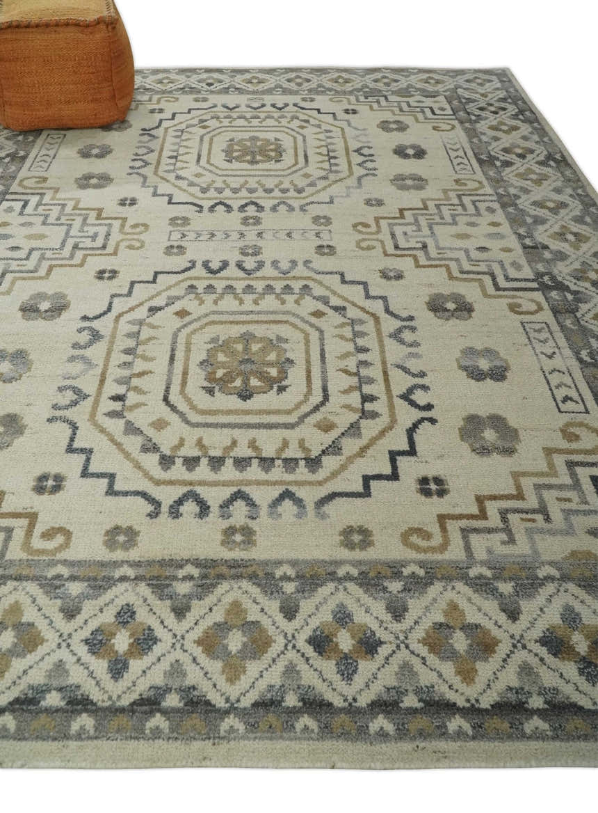 Hand Knotted Ivory, Gray and Beige Traditional Medallion Natural Wool Custom Made Area Rug, Kids, Living Room and Bedroom Rug