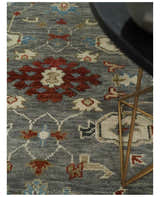 Hand Knotted Living Room Rug Charcoal, Red and Beige Traditional Vintage Style Custom Made Wool Area Rug