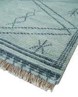 Custom Made Hand Woven Silver and Blue Abstract Trellis Moroccan Rug Made with Blended Wool