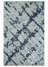 Custom Made Hand Woven Silver, Blue and Charcoal Abstract Trellis Moroccan Rug Made with Blended Wool