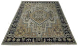 Vintage Distressed Hand Knotted Traditional Heriz Serapi Camel, Ivory and Black Custom Made wool Area Rug