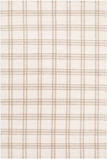 Close-up of the hand woven Dhyana Area Rug. Cream wool rug with a light gray and vizon plaid pattern. Design-Rectangle