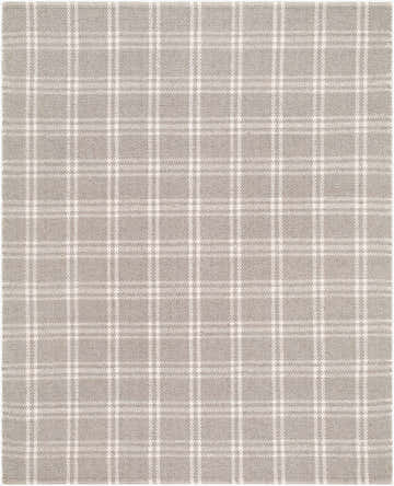 Close-up of the hand woven Dhyana Area Rug. Gray wool rug with a light brown and off white plaid pattern. Design-Rectangle