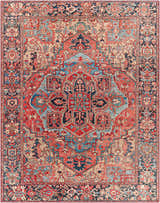 Detailed close-up of the Neyland Area Rug featuring a traditional oriental pattern in beige, red, and blue hues. Design-Rectangle-7696