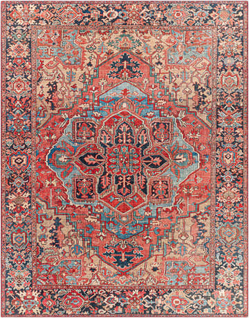Detailed close-up of the Neyland Area Rug featuring a traditional oriental pattern in beige, red, and blue hues. Design-Rectangle-7696