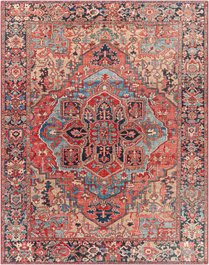 Detailed close-up of the Neyland Area Rug featuring a traditional oriental pattern in beige, red, and blue hues. Design-Rectangle-7696
