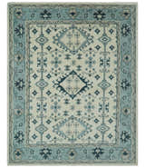 Ivory and Light Blue Traditional Oriental Hand Knotted Custom Made wool area Rug