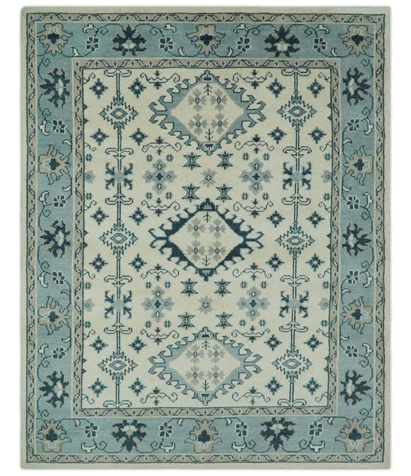 Ivory and Light Blue Traditional Oriental Hand Knotted Custom Made wool area Rug