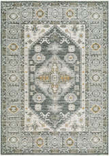 Close-up of the Kenelm Area Rug. Machine-woven polyester rug in charcoal, light gray, mustard, off white, and olive. Design-Rectangle-679