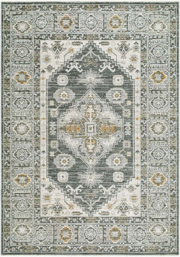 Close-up of the Kenelm Area Rug. Machine-woven polyester rug in charcoal, light gray, mustard, off white, and olive. Design-Rectangle-679