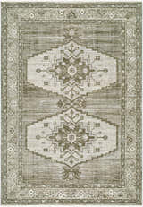 Close-up of Muxae Olive Medallion Rug. Machine woven polyester rug with beige, light gray, off white, and olive tones. Design-Rectangle-679