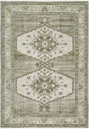 Close-up of Muxae Olive Medallion Rug. Machine woven polyester rug with beige, light gray, off white, and olive tones. Design-Rectangle-679