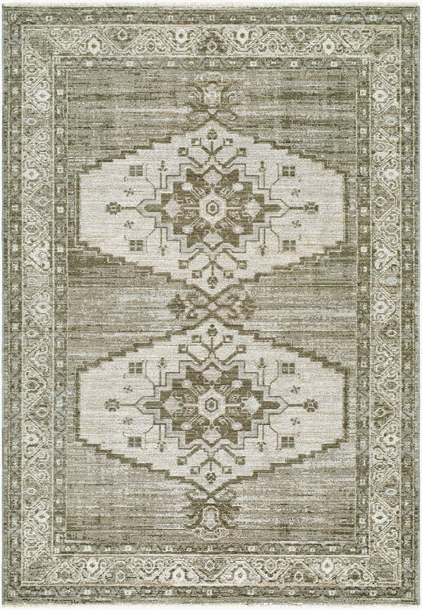 Close-up of Muxae Olive Medallion Rug. Machine woven polyester rug with beige, light gray, off white, and olive tones. Design-Rectangle-679