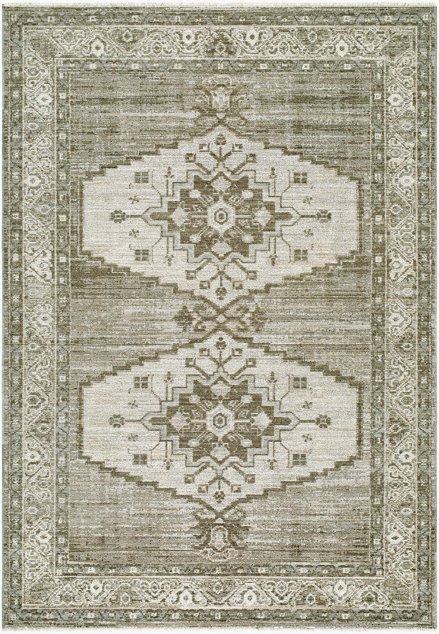 Close-up of Muxae Olive Medallion Rug. Machine woven polyester rug with beige, light gray, off white, and olive tones. Design-Rectangle-679