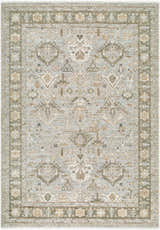 Close-up of the Haylia Area Rug. Traditional rug with beige, light gray, olive, and mustard floral and geometric patterns. Design-Rectangle-679