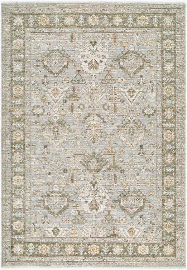 Close-up of the Haylia Area Rug. Traditional rug with beige, light gray, olive, and mustard floral and geometric patterns. Design-Rectangle-679