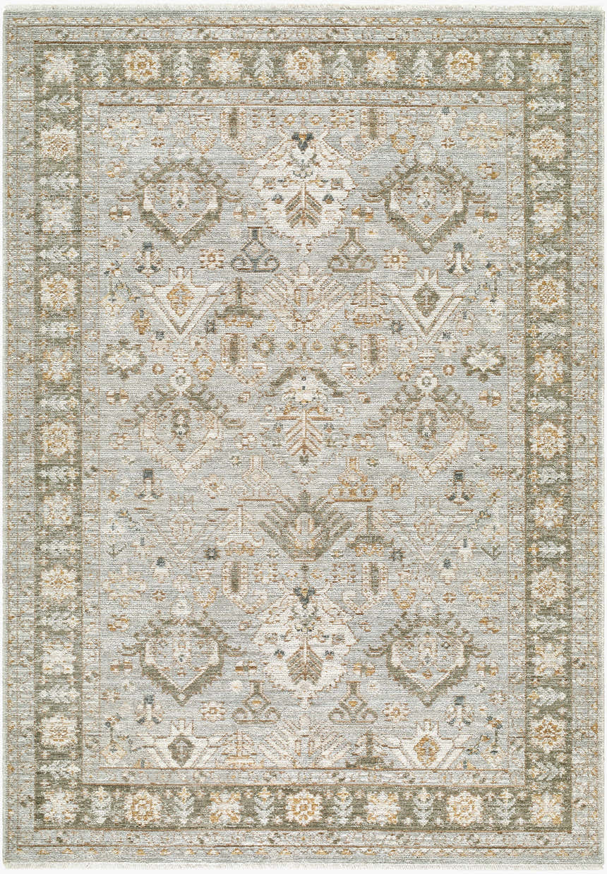 Close-up of the Haylia Area Rug. Traditional rug with beige, light gray, olive, and mustard floral and geometric patterns. Design-Rectangle-679
