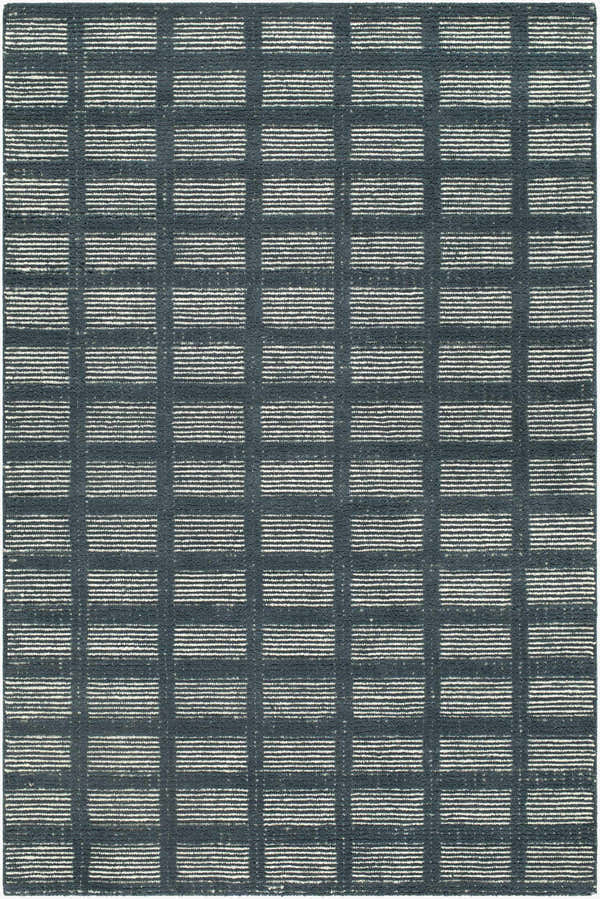 Close-up of the Pumoma Modern Minimalist Handmade Area Rug. Charcoal and ivory striped pattern in a rectangular shape. Design-Rectangle-576