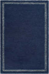 Close-up of the Tufape Modern Minimalist Handmade Area Rug; rectangle shape, slate gray wool with thin purple border. Design-Rectangle-576